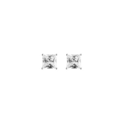 Boucles d'oreilles tige solitaire carré pierre synthétique blanche argent rhodié 7mm