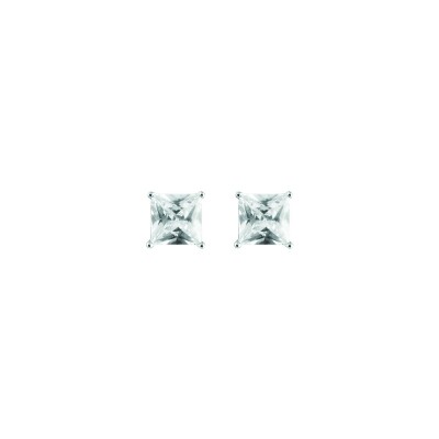 Boucles d'oreilles tige solitaire pierre carré synthétique blanche argent rhodié 9mm