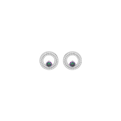 Boucles d'oreilles tige argent rhodié ronde oxyde arc en ciel mystique contour oxydes blancs sertis