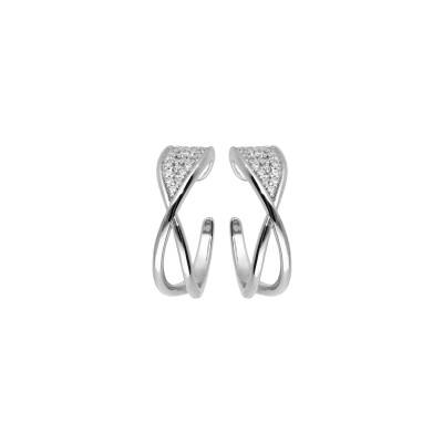 Boucles d'oreilles tige argent rhodié demi Boucles d'oreilles créoles croisée oxydes blancs sertis