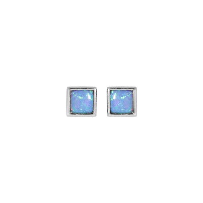 Boucles d'oreilles tige argent rhodié opale bleue imitation forme carré