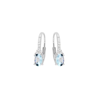Boucles d'oreilles dormeuse argent rhodié topaze bleu et oxydes blancs sertis