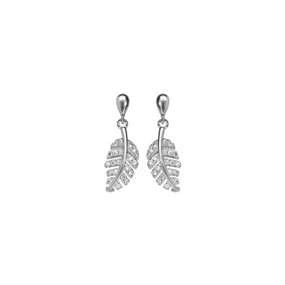 Boucles d'oreilles tige argent rhodié pendant feuillage oxydes blancs sertis