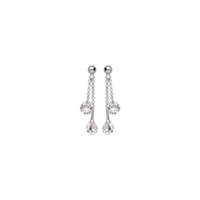 Boucles d'oreilles tige argent rhodié double chainette pierres synthétiques blanches
