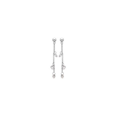 Boucles d'oreilles tige argent rhodié pendantes 3 pierres synthétiques blanches