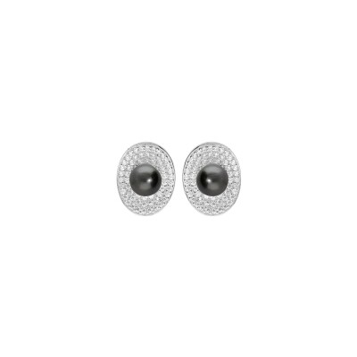 Boucles d'oreilles tige argent rhodié perle de culture de tahiti véritable 7mm contour oxydes blancs