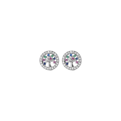 Boucles d'oreilles tige argent rhodié ronde arbre de vie multi couleurs contours oxydes blancs sertis