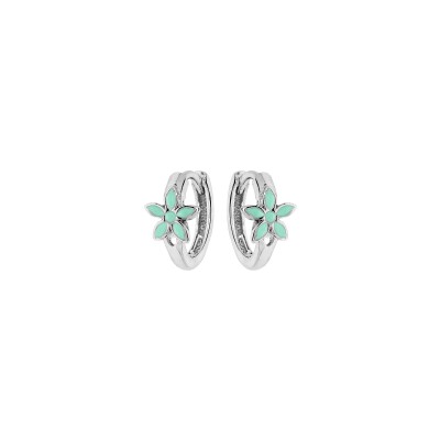 Boucles d'oreilles argent rhodié petite créole fleur résine verte