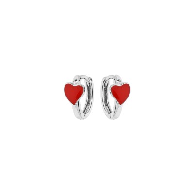 Boucles d'oreilles argent rhodié petite créole coeur résine rouge