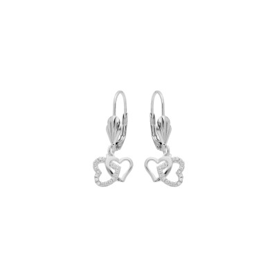 Boucles d'oreilles dormeuse argent rhodié double coeur entrelacé oxydes blancs sertis