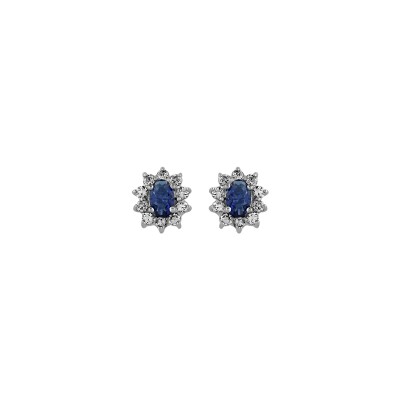 Boucles d'oreilles tige argent rhodié pierre centrale bleu foncé entourage pierres blanches