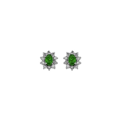 Boucles d'oreilles tige argent rhodié pierre centrale verte entourage pierres blanches