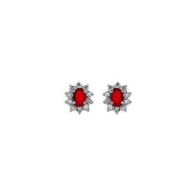 Boucles d'oreilles tige argent rhodié pierre centrale rouge entourage pierres blanches