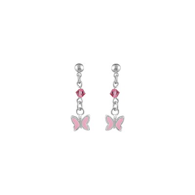 Boucles d'oreilles tige argent rhodié pendante papillon rose + perles rose