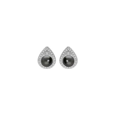Boucles d'oreilles tige argent rhodié perle de culture de tahiti 7mm et contour oxydes blancs sertis