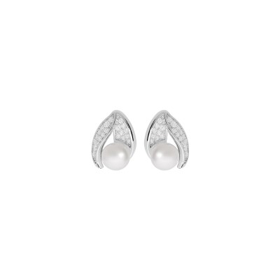 Boucles d'oreilles tige argent rhodié perle de culture d'eau douce blanche 6mm et oxydes blancs sertis