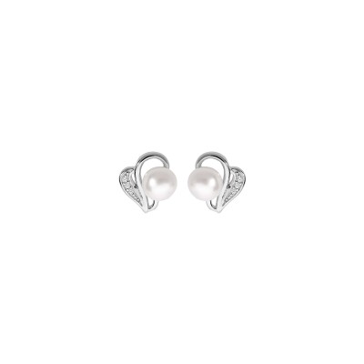 Boucles d'oreilles tige argent rhodié perle de culture d'eau douce blanche 6mm et oxydes blancs sertis