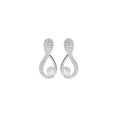 Boucles d'oreilles tige argent rhodié perle de culture d'eau douce blanche 5mm et oxydes blancs sertis