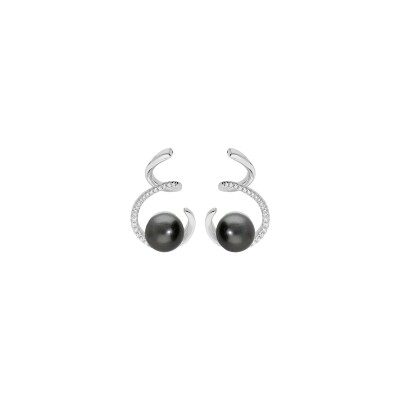 Boucles d'oreilles tige argent rhodié perle de culture de tahiti véritable 7mm et oxydes blancs sertis