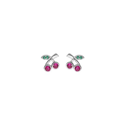 Boucles d'oreilles tige argent rhodié cerise oxydes rouge et vert