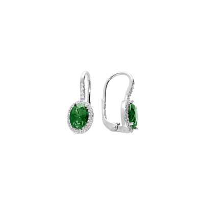 Boucles d'oreilles argent rhodié dormeuse pierre centrale verte synthétique et contour oxydes blancs sertis