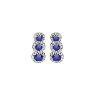 Boucles d'oreilles tige argent rhodié 3 pierres bleues synthétiques en chute et contour oxydes blancs sertis