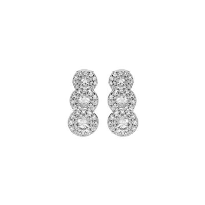 Boucles d'oreilles tige argent rhodié 3 pierres blanches synthétique en chute et contour oxydes blancs sertis