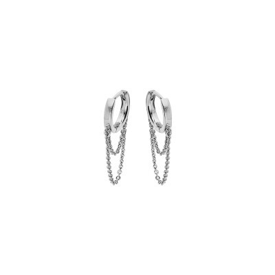 Boucles d'oreilles créoles argent rhodié 12mm double chainette pendante
