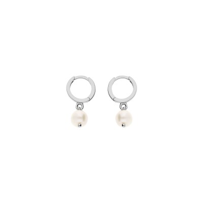 Boucles d'oreilles créoles argent rhodié articulée avec perle de culture d'eau douce