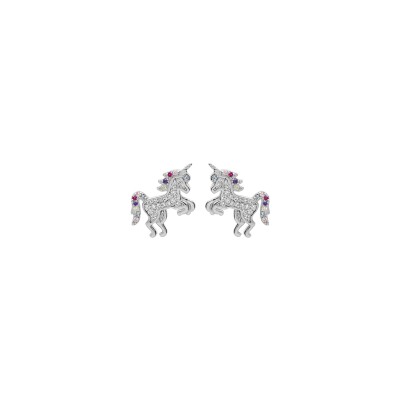 Boucles d'oreilles tige argent rhodié licorne oxydes multi couleurs sertis