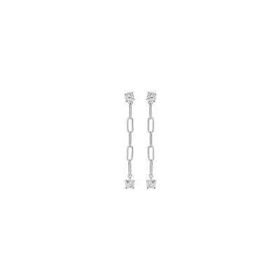 Boucles d'oreilles tige argent rhodié maille rectangulaire avec 1 oxyde blanc serti
