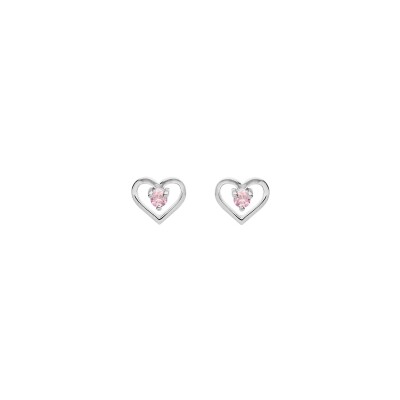 Boucles d'oreilles tige argent platiné coeur oxyde rose