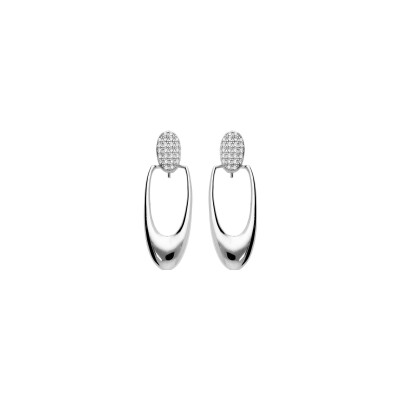 Boucles d'oreilles tige argent rhodié massif pendante ovale et oxydes blancs sertis