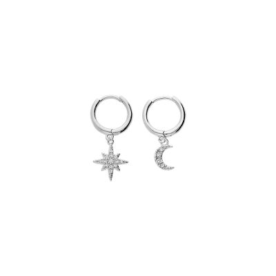 Boucles d'oreilles argent rhodié petite Boucles d'oreilles créoles 1 pampille étoile du nord 1 demi-lune oxydes blancs sertis