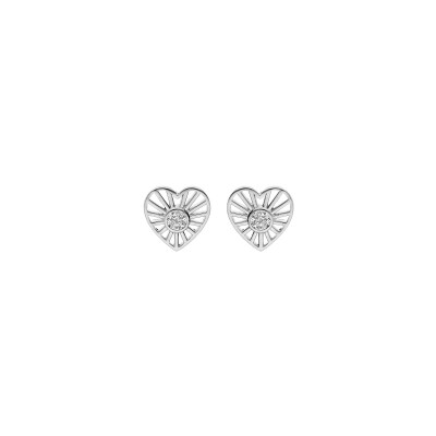 Boucles d'oreilles tige argent rhodié coeur soleil oxyde blanc serti