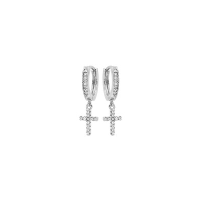 Boucles d'oreilles créoles argent rhodié articulée avec pampille croix oxydes blancs sertis