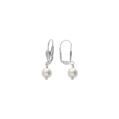 Boucles d'oreilles argent platinium dormeuse perle de culture d'eau douce 8mm