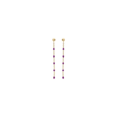 Boucles d'oreilles tige argent et dorure jaune olives résine violet transparent