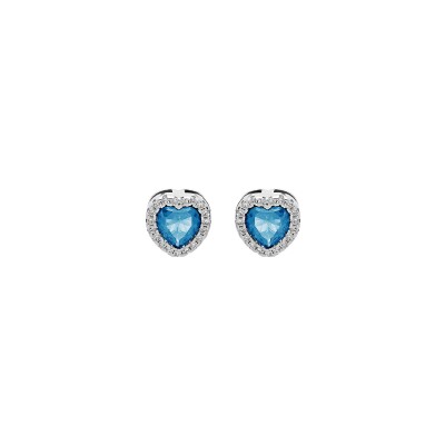 Boucles d'oreilles tige argent rhodié coeur oxyde bleu ciel et contour oxydes blancs sertis