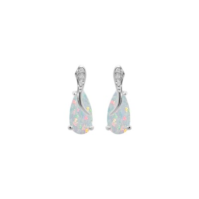 Boucles d'oreilles tige argent rhodié opale blanche imitation et oxydes blancs sertis