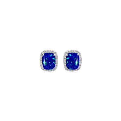 Boucles d'oreilles tige argent rhodié carré opale bleu foncé imitation et oxydes blancs sertis