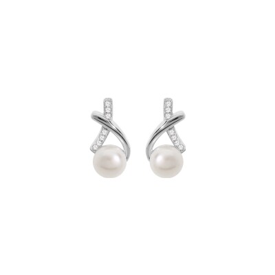 Boucles d'oreilles tige argent rhodié perle de culture d'eau douce blanche et oxydes blancs sertis