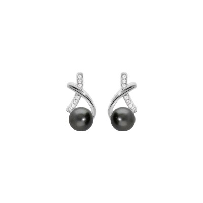 Boucles d'oreilles tige argent rhodié perle de culture de tahiti véritable et oxydes blancs sertis