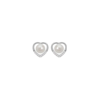Boucles d'oreilles tige argent rhodié coeur perle de culture d'eau douce blanche et oxydes blancs sertis