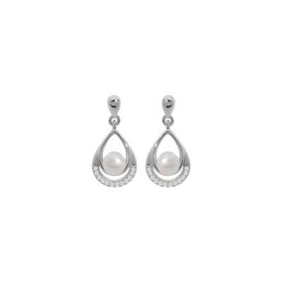 Boucles d'oreilles tige argent rhodié perle de culture d'eau douce blanche et oxydes blancs sertis