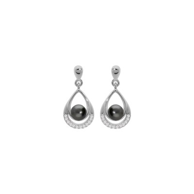 Boucles d'oreilles tige argent rhodié perle de culture de tahiti véritable et oxydes blancs sertis