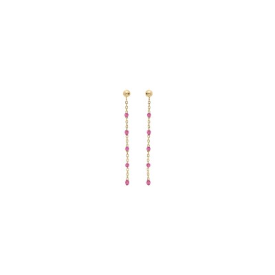 Boucles d'oreilles tige argent et dorure jaune olives résine framboise transparent