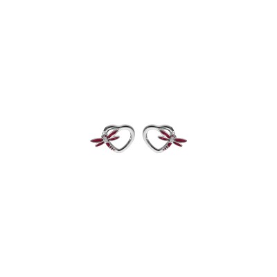 Boucles d'oreilles tige argent rhodié libellule résine rose