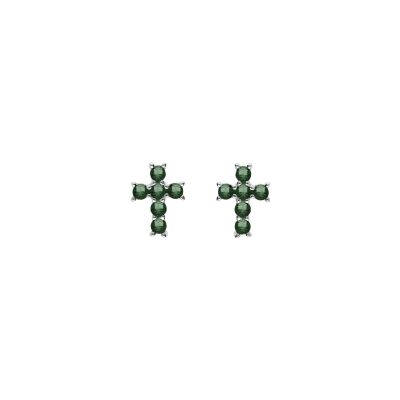 Boucles d'oreilles tige argent rhodié pendentif croix oxydes vert