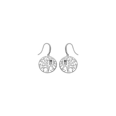 Boucles d'oreilles argent rhodié arbre de vie avec hibou - chouette empierré